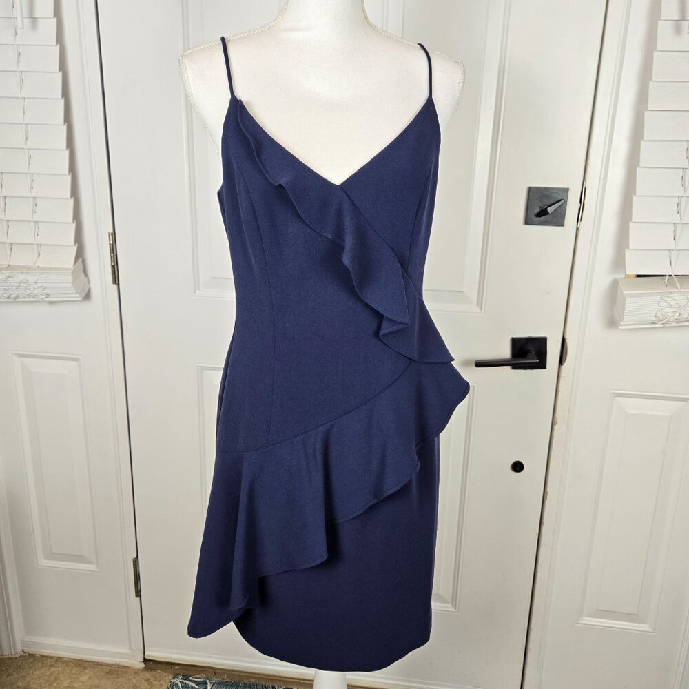 Black Halo Womens Dress‎ Navy Blue Ruffled Size 8 Quiet Luxury Preppy Evening